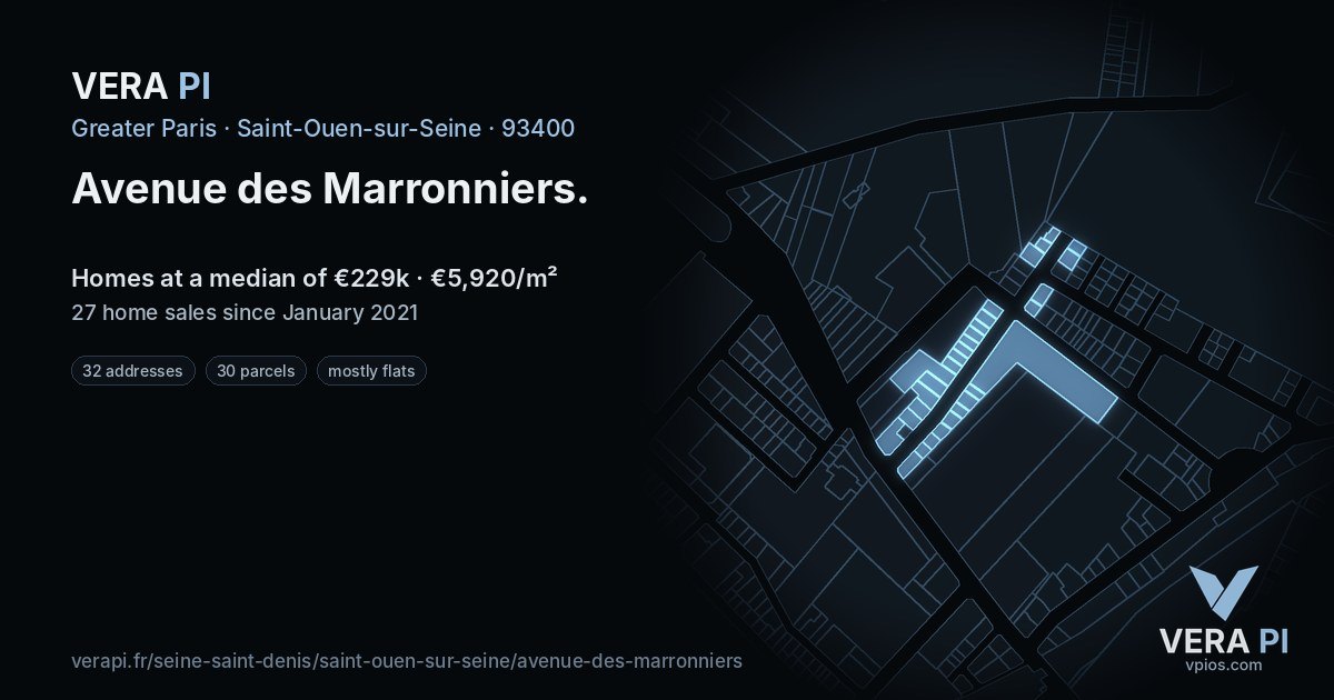 Avenue des Marronniers, Saint-Ouen-sur-Seine at night – every parcel coloured by the prices around it, the street's own parcels lit