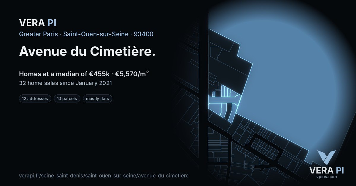 Avenue du Cimetière, Saint-Ouen-sur-Seine at night – every parcel coloured by the prices around it, the street's own parcels lit