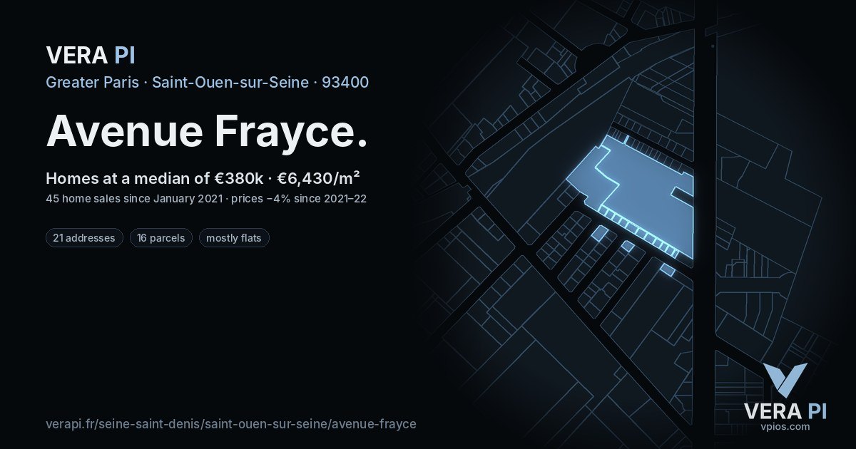 Avenue Frayce, Saint-Ouen-sur-Seine at night – every parcel coloured by the prices around it, the street's own parcels lit