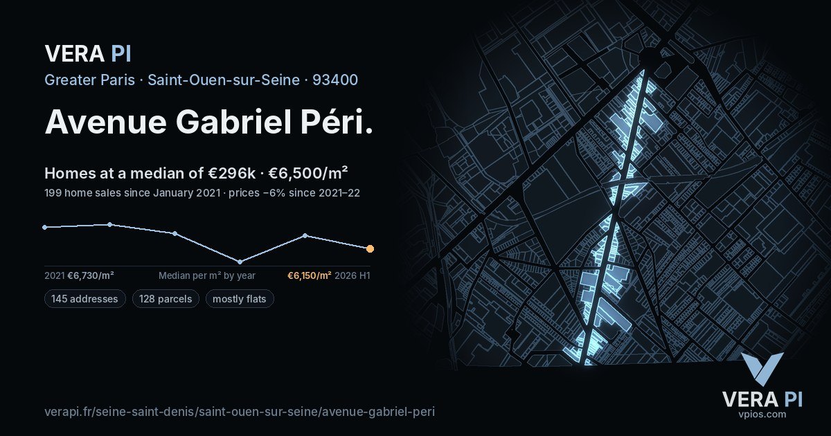 Avenue Gabriel Péri, Saint-Ouen-sur-Seine at night – every parcel coloured by the prices around it, the street's own parcels lit