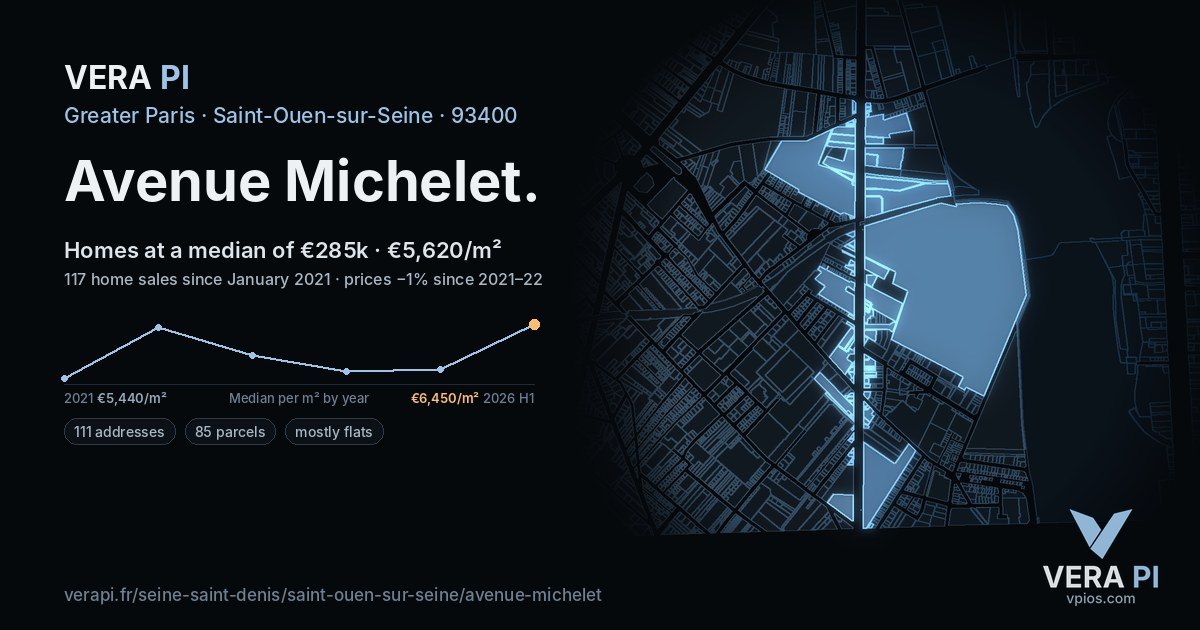 Avenue Michelet, Saint-Ouen-sur-Seine at night – every parcel coloured by the prices around it, the street's own parcels lit