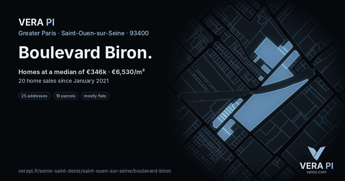 Boulevard Biron, Saint-Ouen-sur-Seine at night – every parcel coloured by the prices around it, the street's own parcels lit