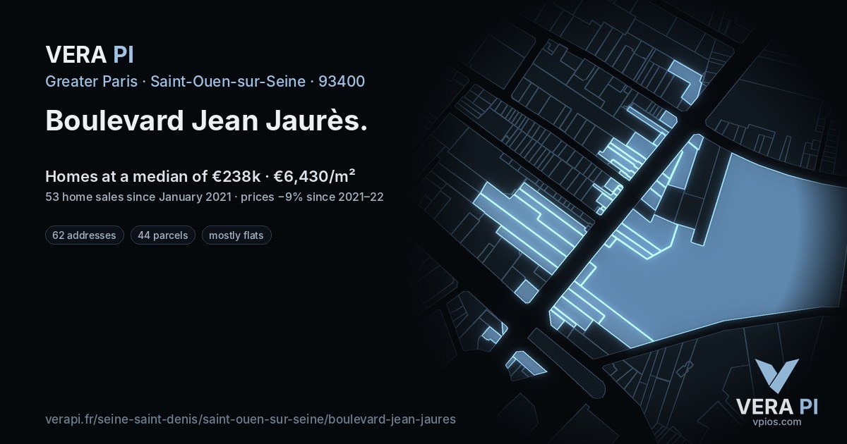 Boulevard Jean Jaurès, Saint-Ouen-sur-Seine at night – every parcel coloured by the prices around it, the street's own parcels lit