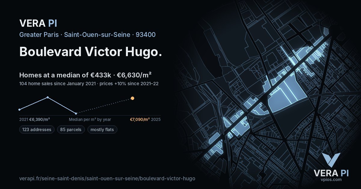 Boulevard Victor Hugo, Saint-Ouen-sur-Seine at night – every parcel coloured by the prices around it, the street's own parcels lit