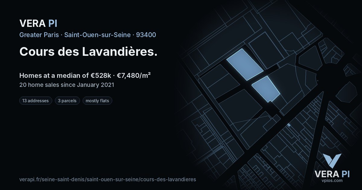 Cours des Lavandières, Saint-Ouen-sur-Seine at night – every parcel coloured by the prices around it, the street's own parcels lit