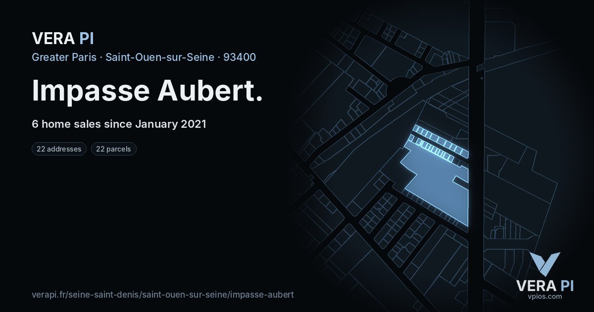 Impasse Aubert, Saint-Ouen-sur-Seine at night – every parcel coloured by the prices around it, the street's own parcels lit