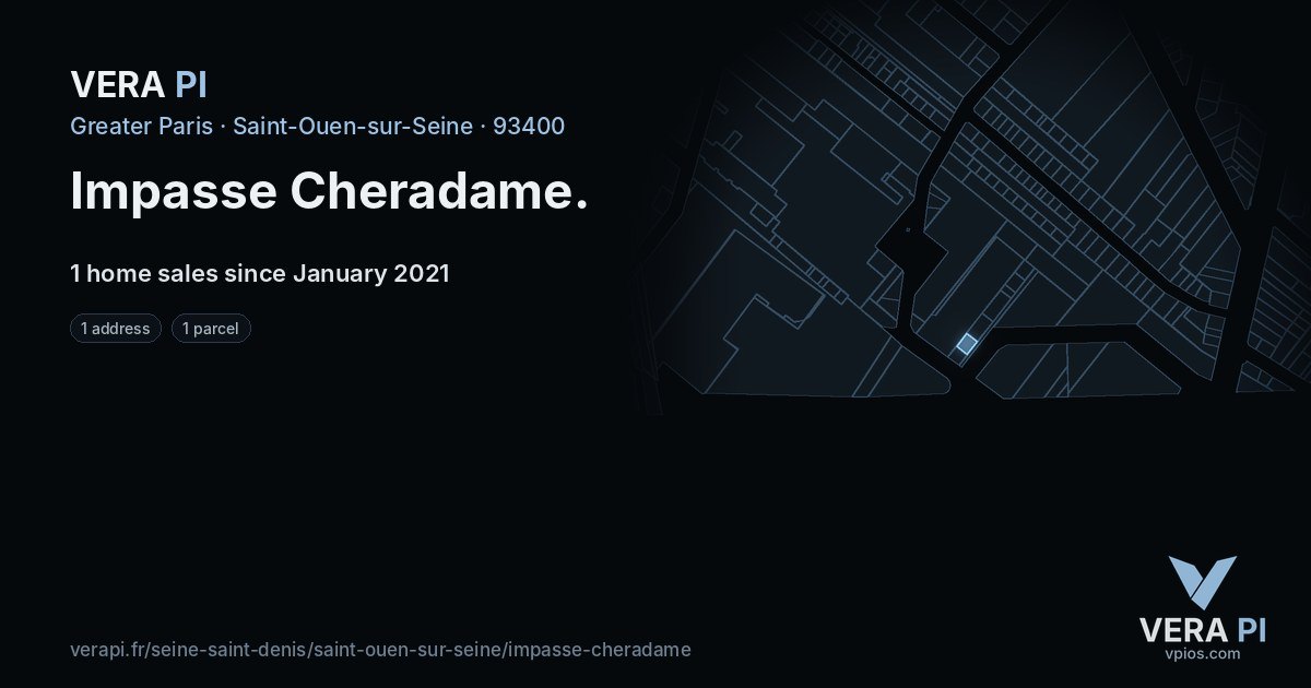 Impasse Cheradame, Saint-Ouen-sur-Seine at night – every parcel coloured by the prices around it, the street's own parcels lit