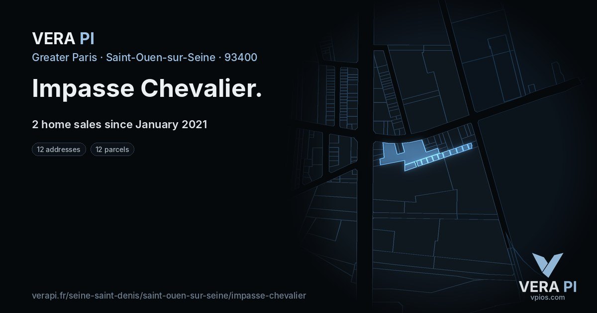 Impasse Chevalier, Saint-Ouen-sur-Seine at night – every parcel coloured by the prices around it, the street's own parcels lit