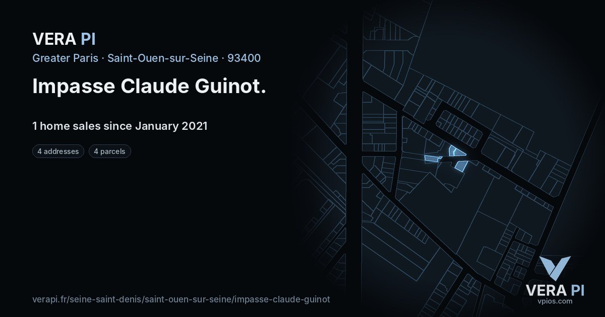Impasse Claude Guinot, Saint-Ouen-sur-Seine at night – every parcel coloured by the prices around it, the street's own parcels lit