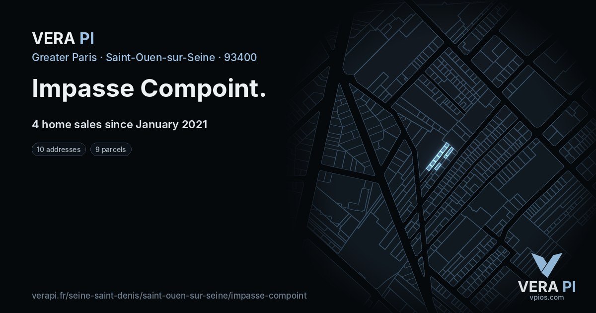 Impasse Compoint, Saint-Ouen-sur-Seine at night – every parcel coloured by the prices around it, the street's own parcels lit