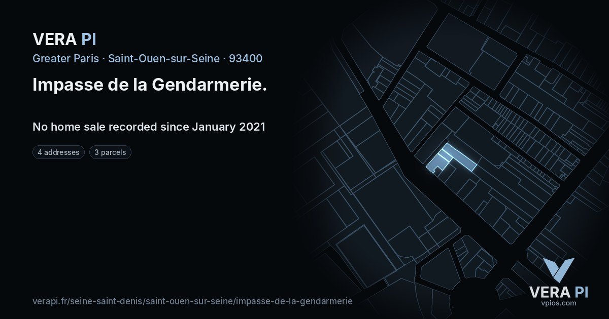 Impasse de la Gendarmerie, Saint-Ouen-sur-Seine at night – every parcel coloured by the prices around it, the street's own parcels lit