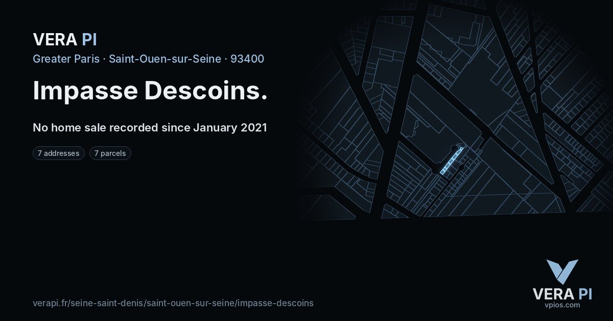 Impasse Descoins, Saint-Ouen-sur-Seine at night – every parcel coloured by the prices around it, the street's own parcels lit