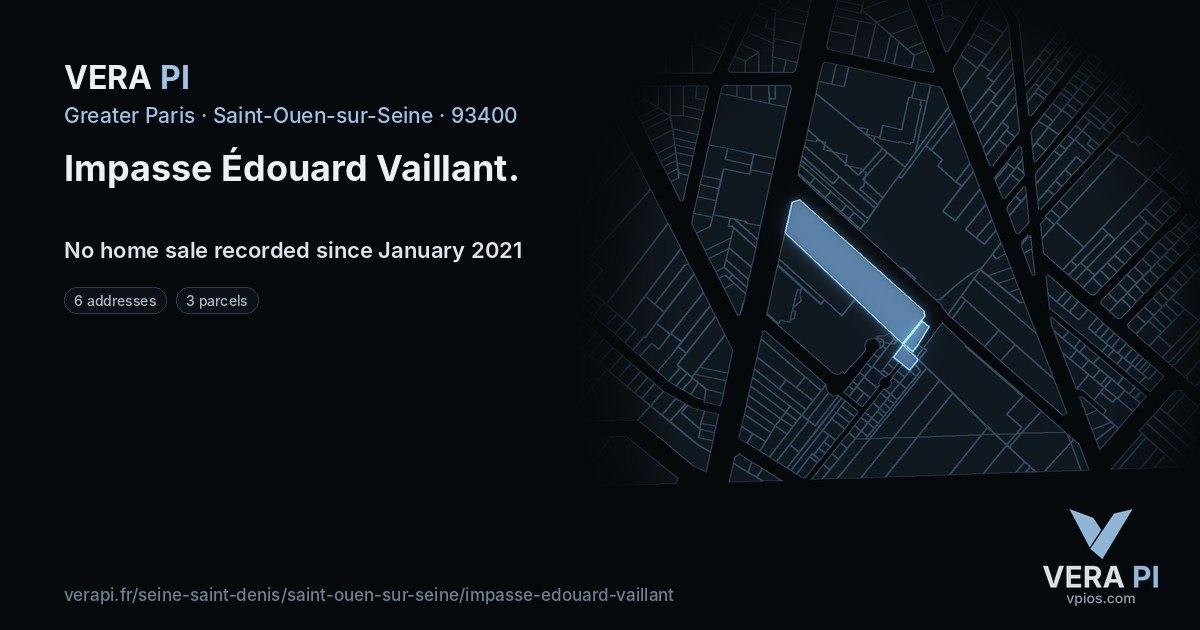 Impasse Édouard Vaillant, Saint-Ouen-sur-Seine at night – every parcel coloured by the prices around it, the street's own parcels lit