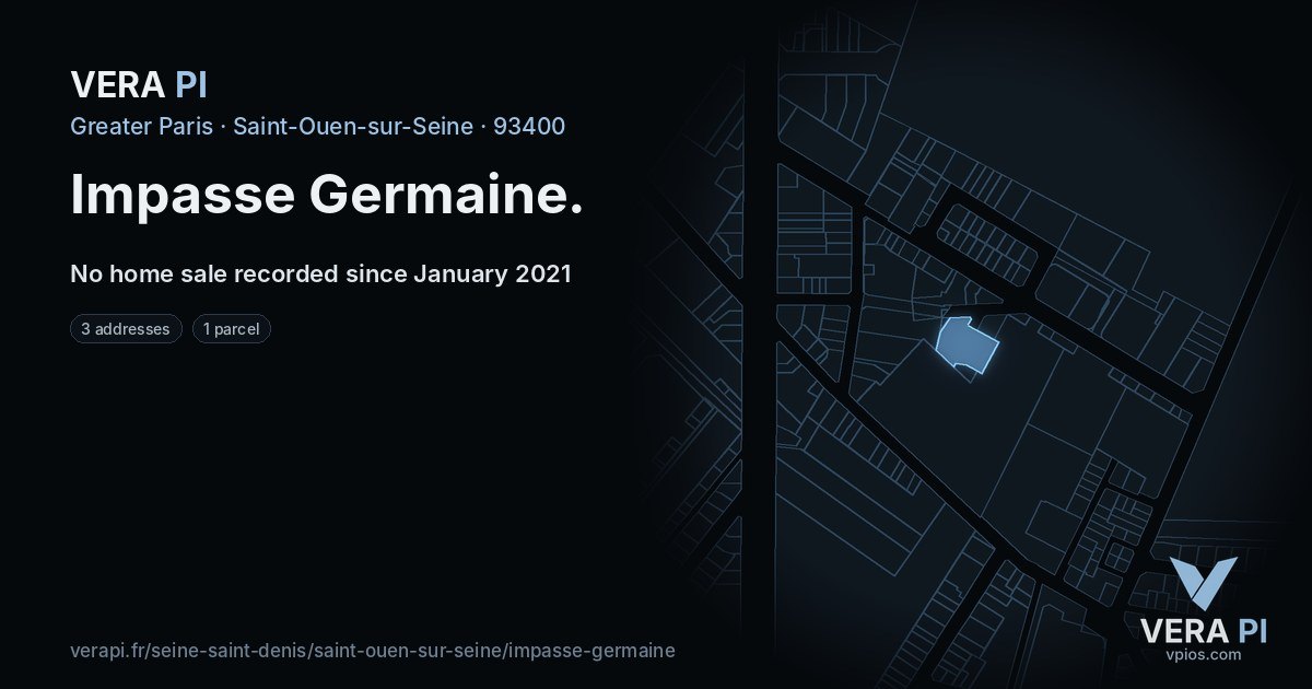 Impasse Germaine, Saint-Ouen-sur-Seine at night – every parcel coloured by the prices around it, the street's own parcels lit