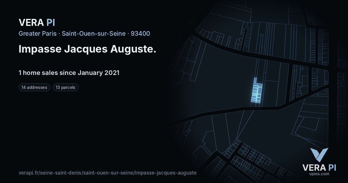 Impasse Jacques Auguste, Saint-Ouen-sur-Seine at night – every parcel coloured by the prices around it, the street's own parcels lit