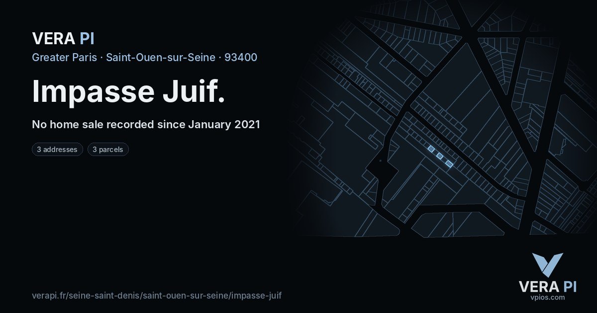 Impasse Juif, Saint-Ouen-sur-Seine at night – every parcel coloured by the prices around it, the street's own parcels lit