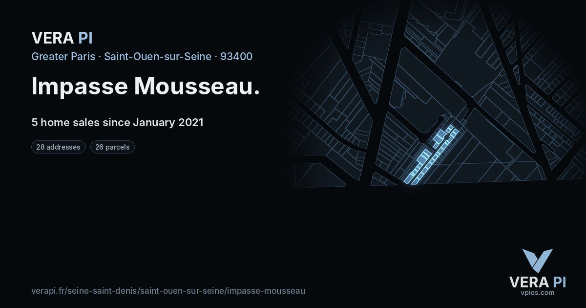 Impasse Mousseau, Saint-Ouen-sur-Seine at night – every parcel coloured by the prices around it, the street's own parcels lit