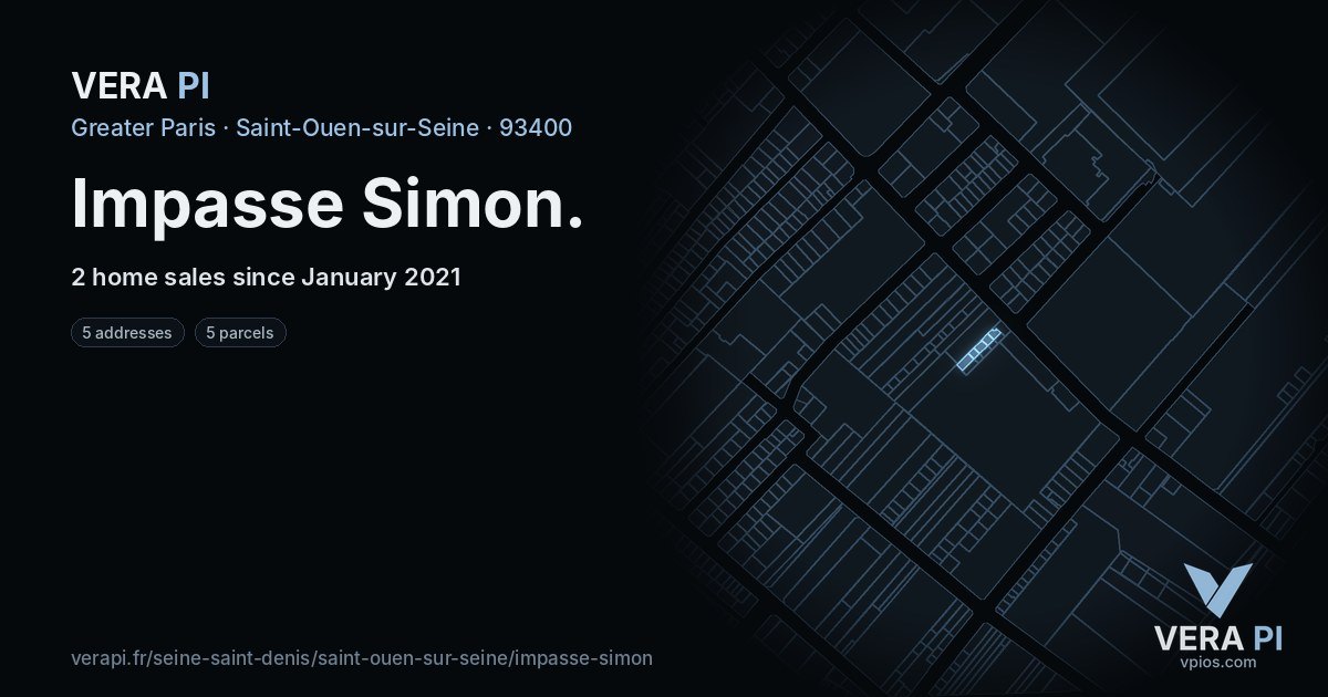 Impasse Simon, Saint-Ouen-sur-Seine at night – every parcel coloured by the prices around it, the street's own parcels lit