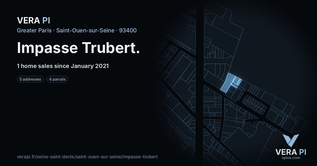 Impasse Trubert, Saint-Ouen-sur-Seine at night – every parcel coloured by the prices around it, the street's own parcels lit