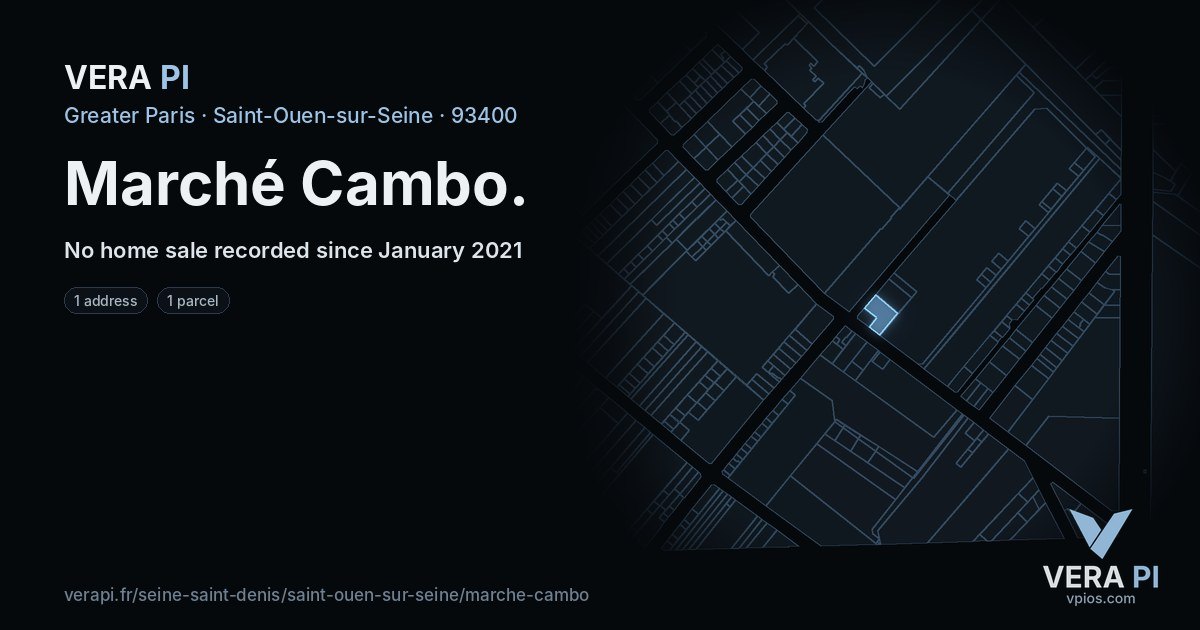 Marché Cambo, Saint-Ouen-sur-Seine at night – every parcel coloured by the prices around it, the street's own parcels lit