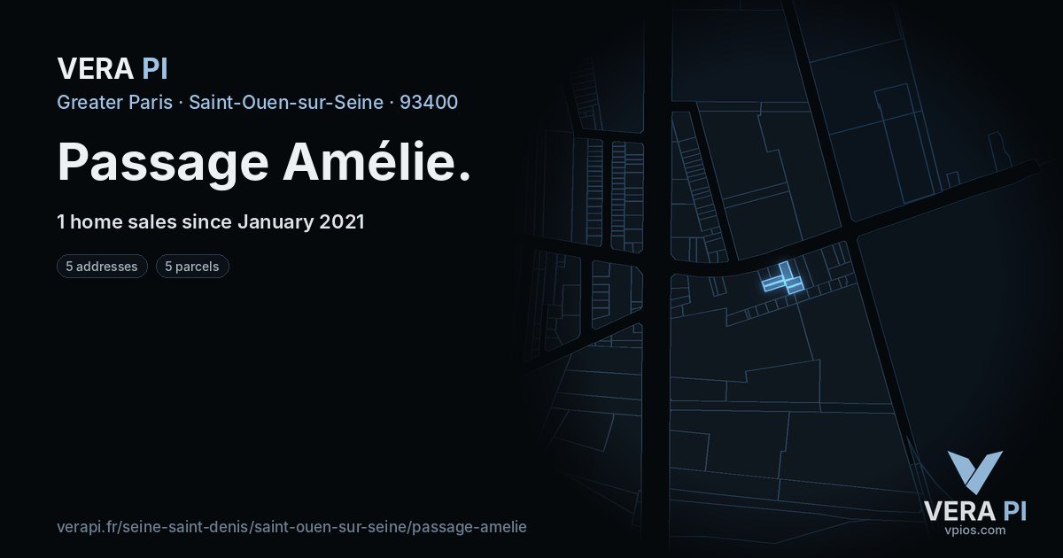 Passage Amélie, Saint-Ouen-sur-Seine at night – every parcel coloured by the prices around it, the street's own parcels lit