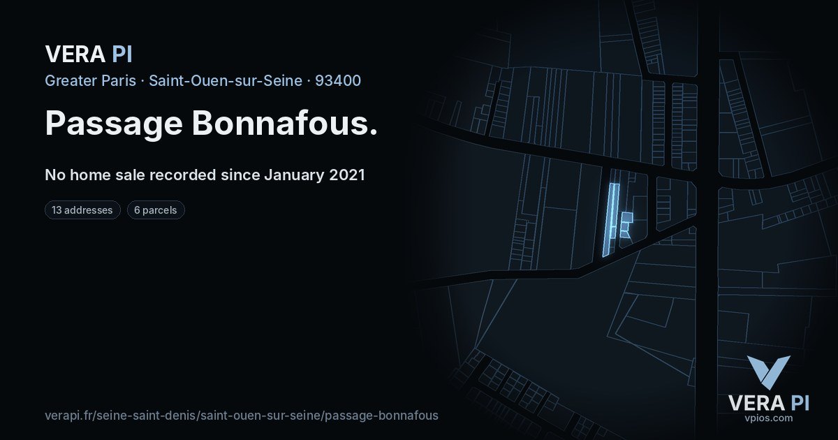 Passage Bonnafous, Saint-Ouen-sur-Seine at night – every parcel coloured by the prices around it, the street's own parcels lit