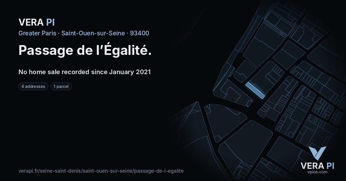 Passage de l’Égalité, Saint-Ouen-sur-Seine at night – every parcel coloured by the prices around it, the street's own parcels lit