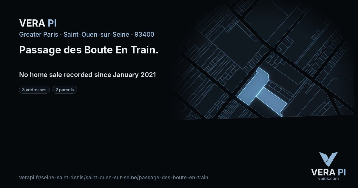 Passage des Boute En Train, Saint-Ouen-sur-Seine at night – every parcel coloured by the prices around it, the street's own parcels lit