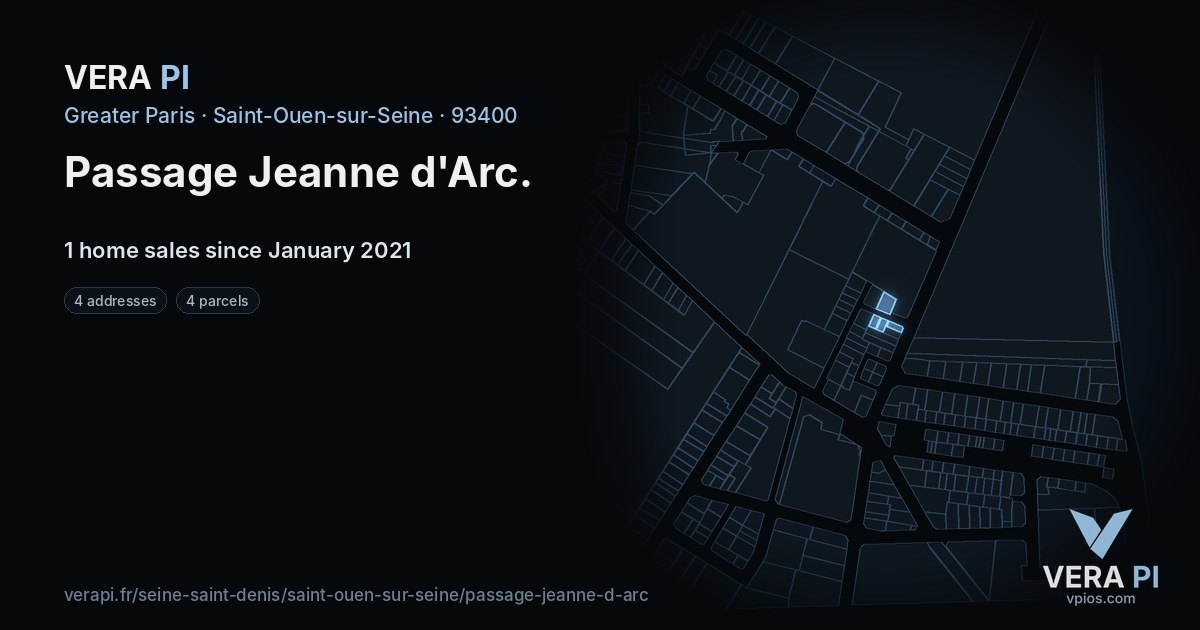 Passage Jeanne d'Arc, Saint-Ouen-sur-Seine at night – every parcel coloured by the prices around it, the street's own parcels lit