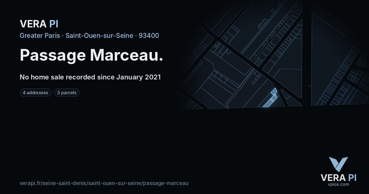 Passage Marceau, Saint-Ouen-sur-Seine at night – every parcel coloured by the prices around it, the street's own parcels lit