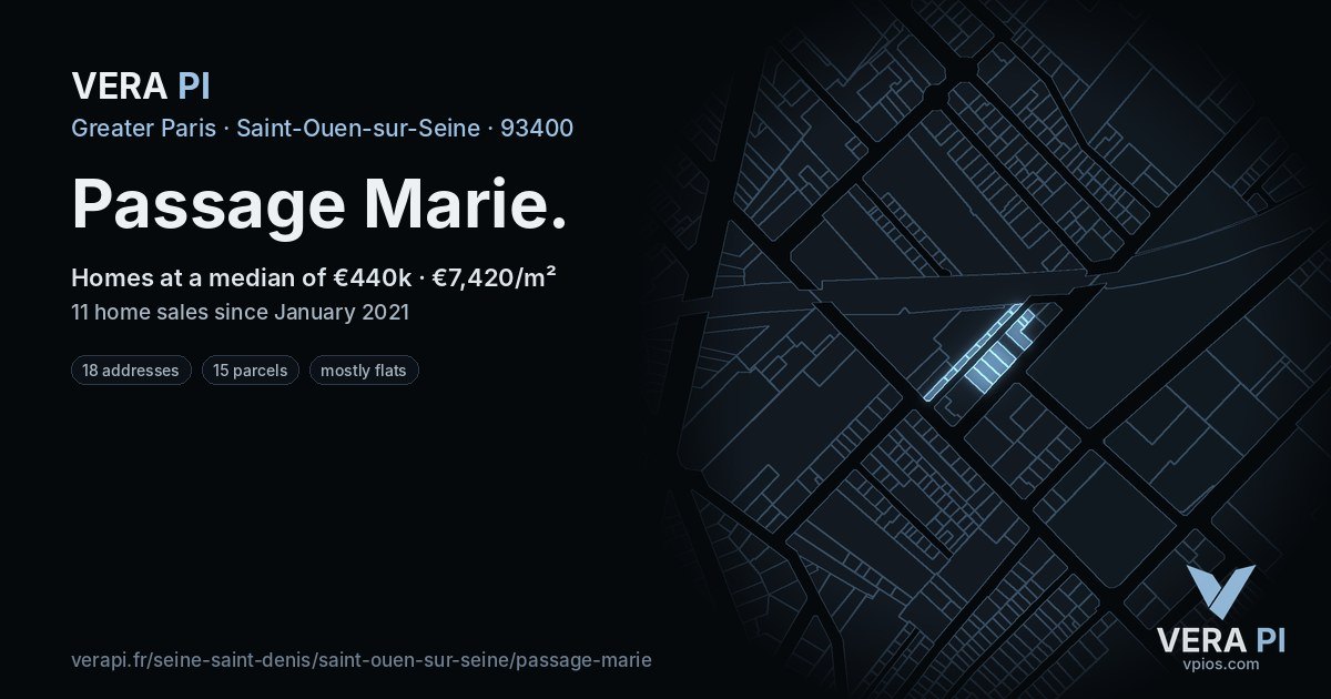 Passage Marie, Saint-Ouen-sur-Seine at night – every parcel coloured by the prices around it, the street's own parcels lit