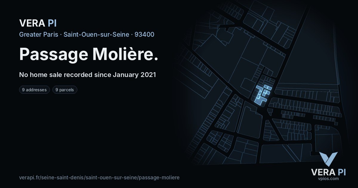 Passage Molière, Saint-Ouen-sur-Seine at night – every parcel coloured by the prices around it, the street's own parcels lit