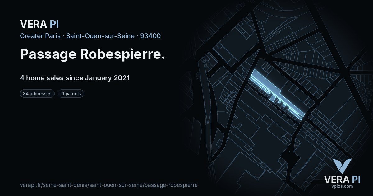 Passage Robespierre, Saint-Ouen-sur-Seine at night – every parcel coloured by the prices around it, the street's own parcels lit