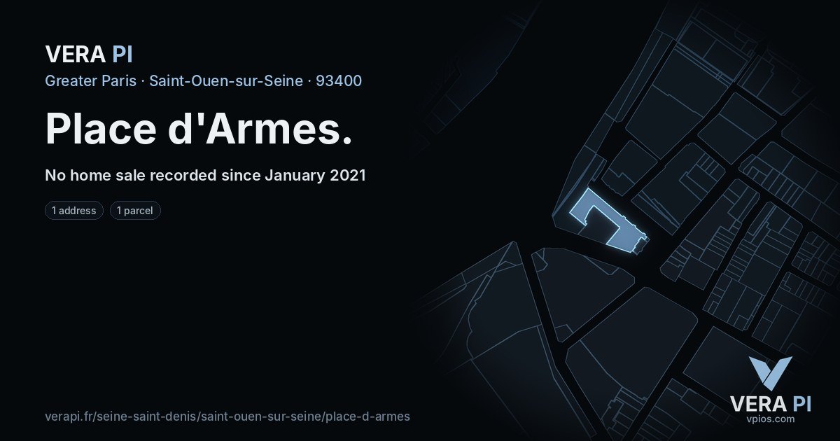 Place d'Armes, Saint-Ouen-sur-Seine at night – every parcel coloured by the prices around it, the street's own parcels lit
