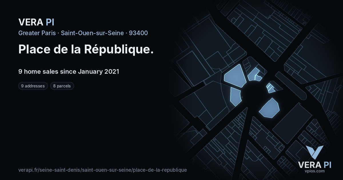 Place de la République, Saint-Ouen-sur-Seine at night – every parcel coloured by the prices around it, the street's own parcels lit