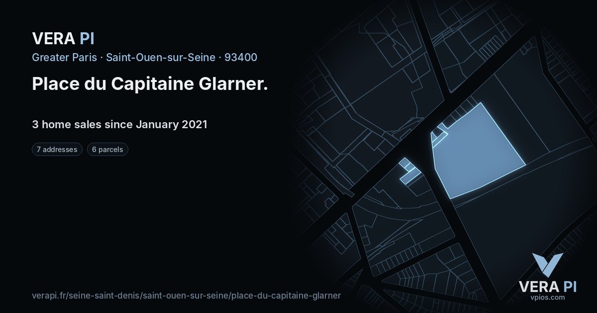 Place du Capitaine Glarner, Saint-Ouen-sur-Seine at night – every parcel coloured by the prices around it, the street's own parcels lit