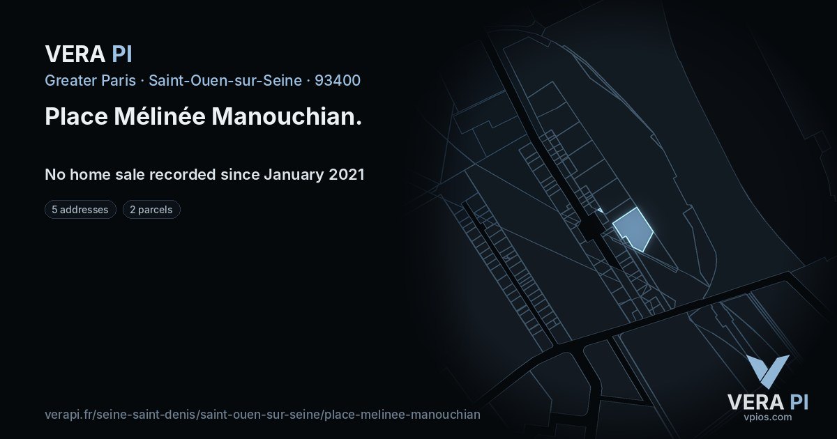 Place Mélinée Manouchian, Saint-Ouen-sur-Seine at night – every parcel coloured by the prices around it, the street's own parcels lit