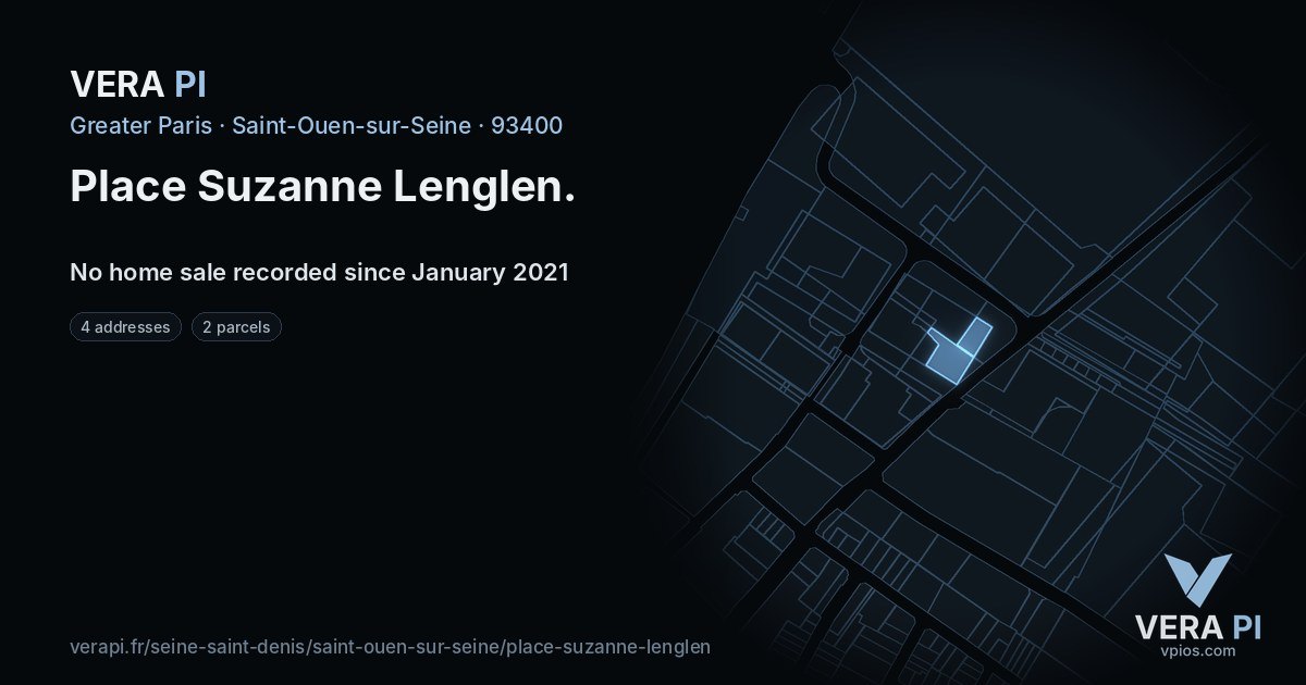 Place Suzanne Lenglen, Saint-Ouen-sur-Seine at night – every parcel coloured by the prices around it, the street's own parcels lit