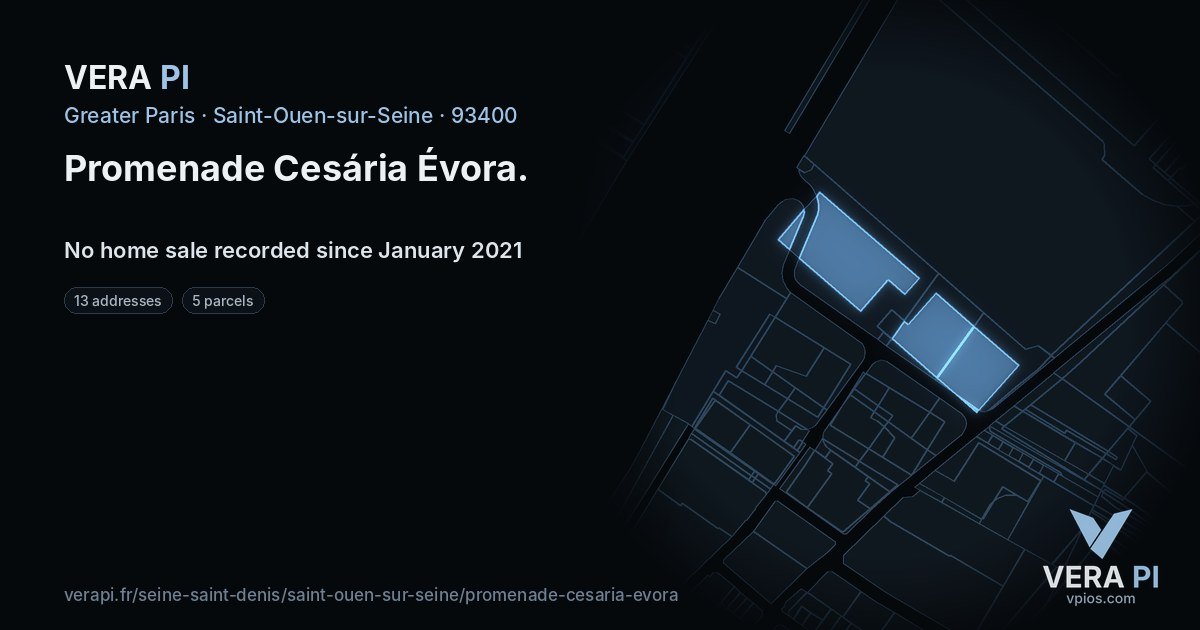 Promenade Cesária Évora, Saint-Ouen-sur-Seine at night – every parcel coloured by the prices around it, the street's own parcels lit