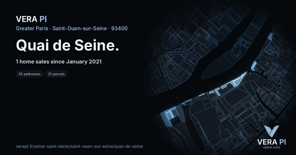 Quai de Seine, Saint-Ouen-sur-Seine at night – every parcel coloured by the prices around it, the street's own parcels lit