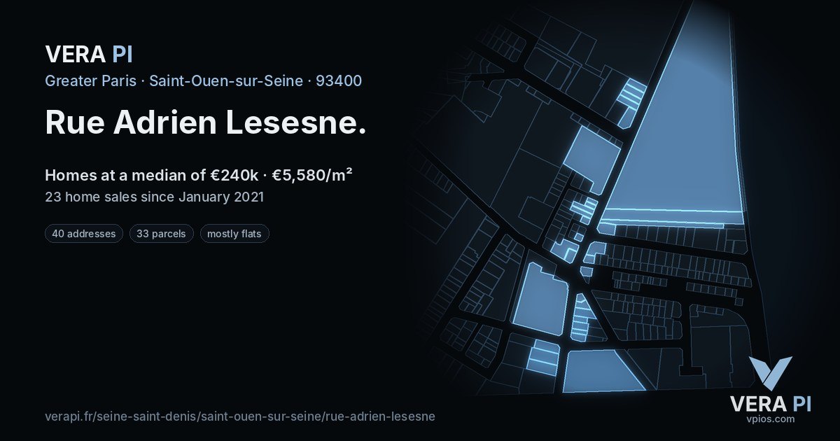 Rue Adrien Lesesne, Saint-Ouen-sur-Seine at night – every parcel coloured by the prices around it, the street's own parcels lit