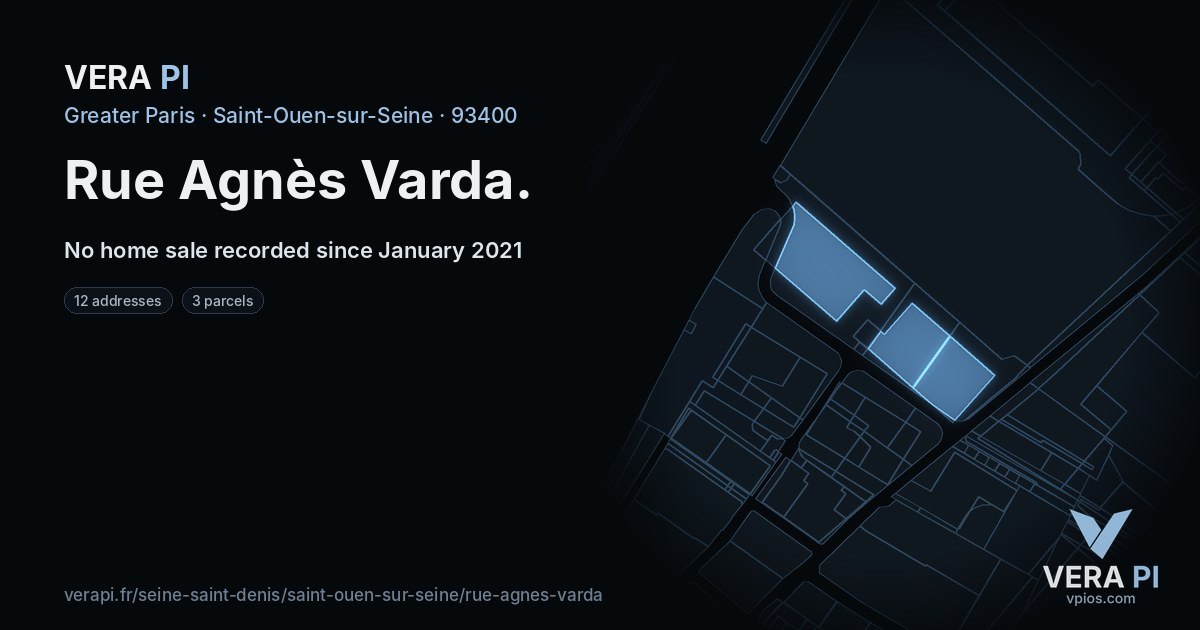 Rue Agnès Varda, Saint-Ouen-sur-Seine at night – every parcel coloured by the prices around it, the street's own parcels lit