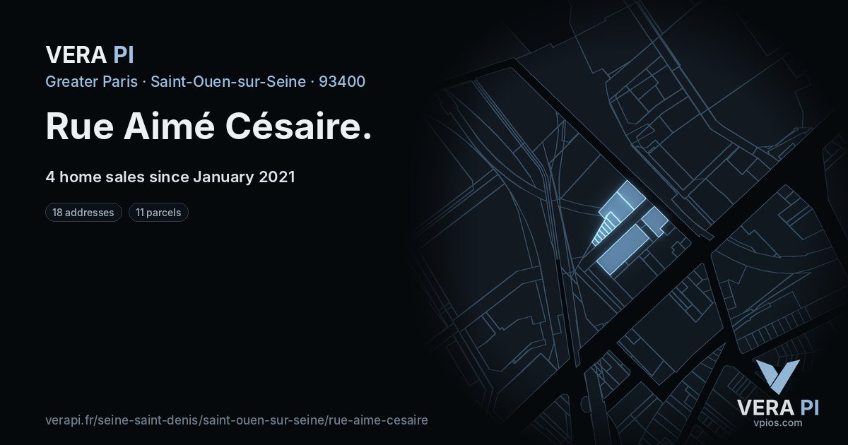 Rue Aimé Césaire, Saint-Ouen-sur-Seine at night – every parcel coloured by the prices around it, the street's own parcels lit