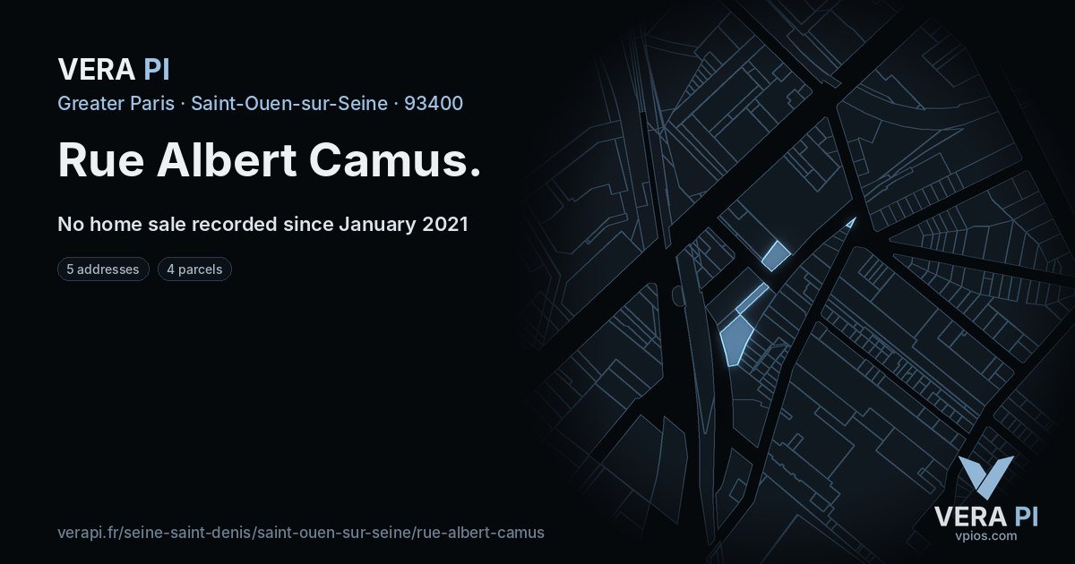 Rue Albert Camus, Saint-Ouen-sur-Seine at night – every parcel coloured by the prices around it, the street's own parcels lit