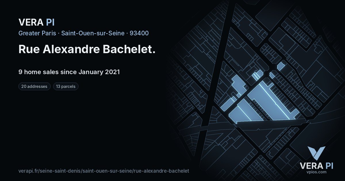 Rue Alexandre Bachelet, Saint-Ouen-sur-Seine at night – every parcel coloured by the prices around it, the street's own parcels lit