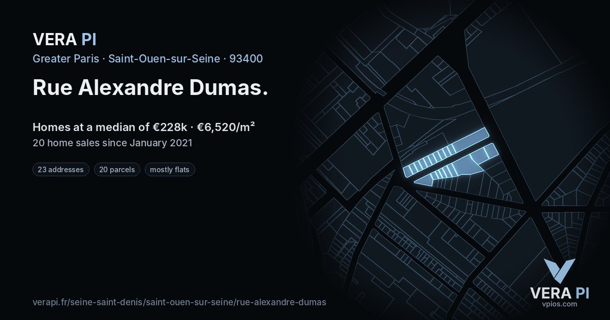 Rue Alexandre Dumas, Saint-Ouen-sur-Seine at night – every parcel coloured by the prices around it, the street's own parcels lit