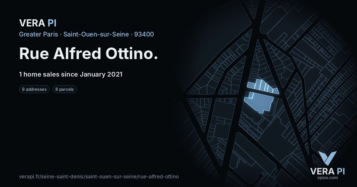 Rue Alfred Ottino, Saint-Ouen-sur-Seine at night – every parcel coloured by the prices around it, the street's own parcels lit