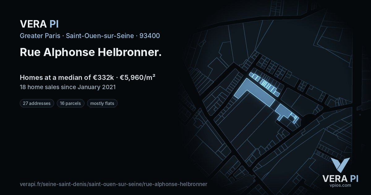 Rue Alphonse Helbronner, Saint-Ouen-sur-Seine at night – every parcel coloured by the prices around it, the street's own parcels lit