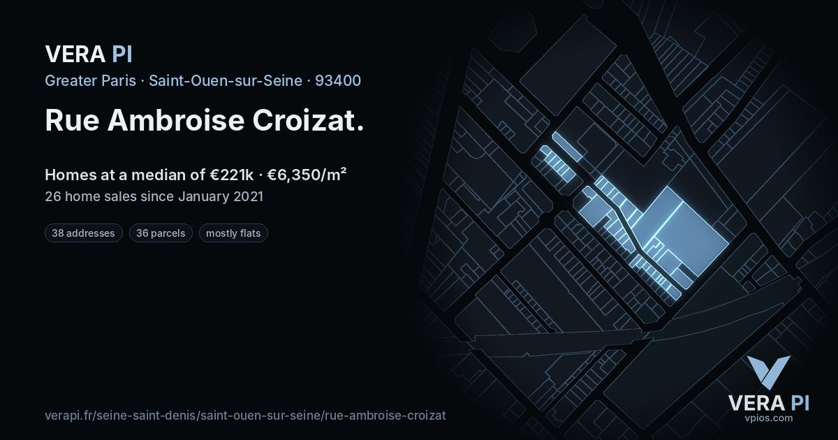 Rue Ambroise Croizat, Saint-Ouen-sur-Seine at night – every parcel coloured by the prices around it, the street's own parcels lit