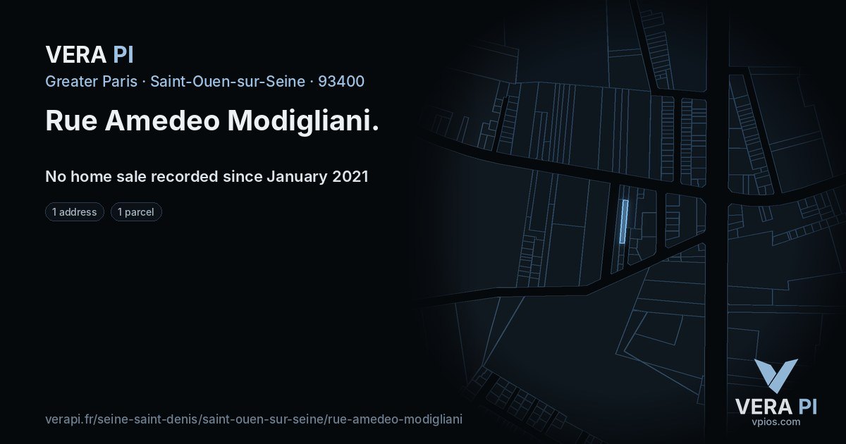 Rue Amedeo Modigliani, Saint-Ouen-sur-Seine at night – every parcel coloured by the prices around it, the street's own parcels lit